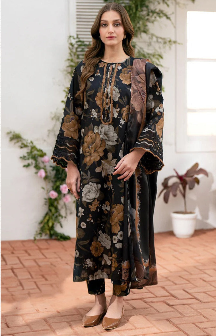 3Pc Print Lawn With Embroidered Patches