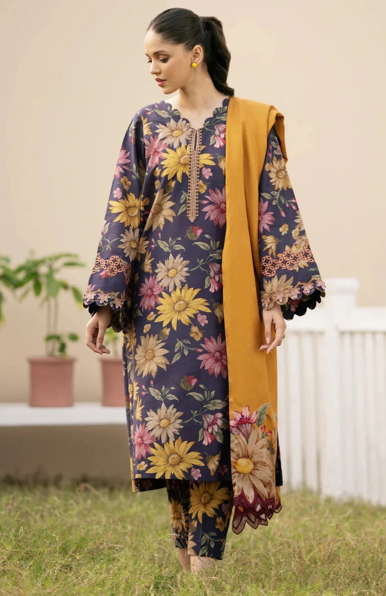 3Pc Print Lawn With Embroidered Patches