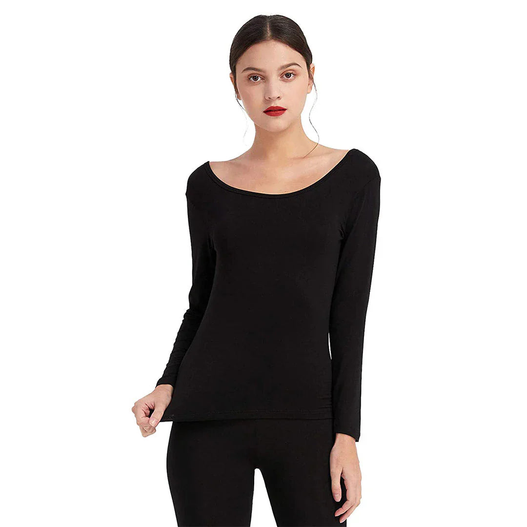 Women's Deep Neck Thermal Warmer Wool (SHIRT) - BLACK