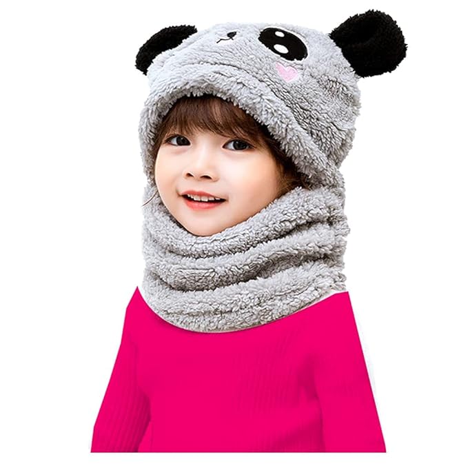 Panda Wool Cap With Neck Warmer Attached ( GREY ) #154