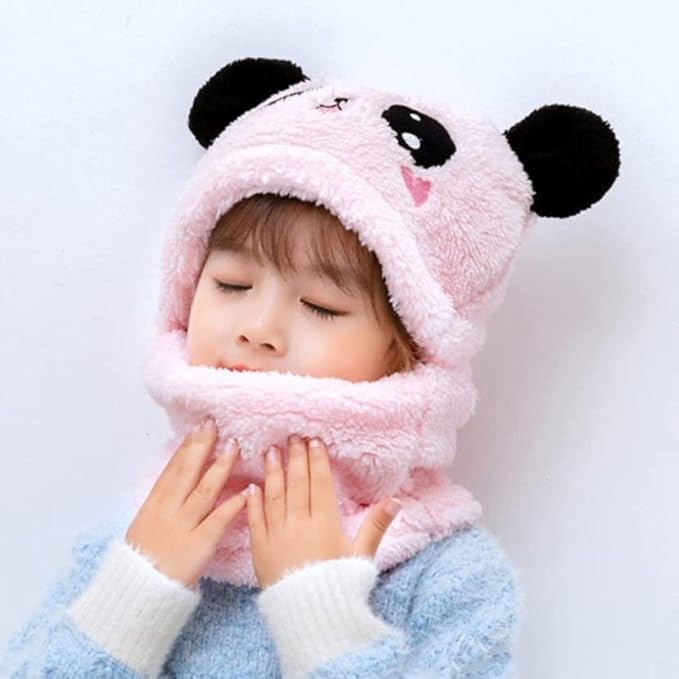 Panda Wool Cap With Neck Warmer Attached ( PINK ) #154