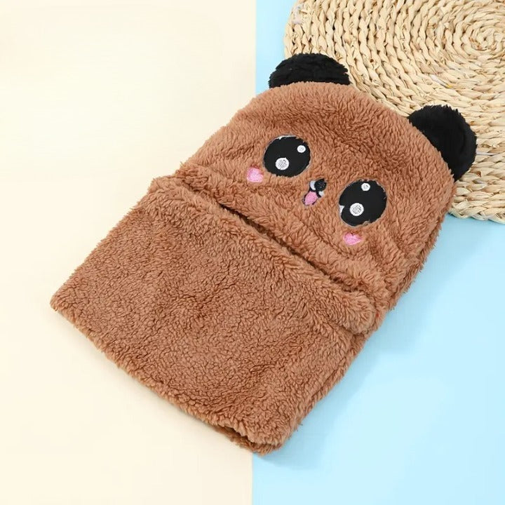 Panda Wool Cap With Neck Warmer Attached ( BROWN ) #154