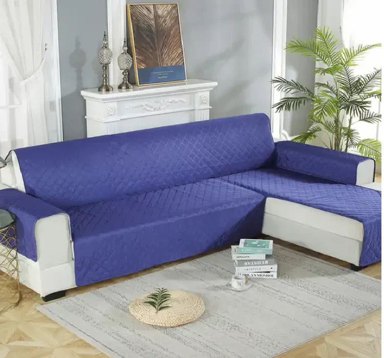 Quilted Cotton L-Shape Sofa Cover - Blue