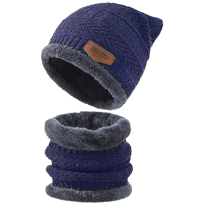 (Navy Blue) Beanie Wool Cap With Neck Warmer. Full Set-2 Pieces #151