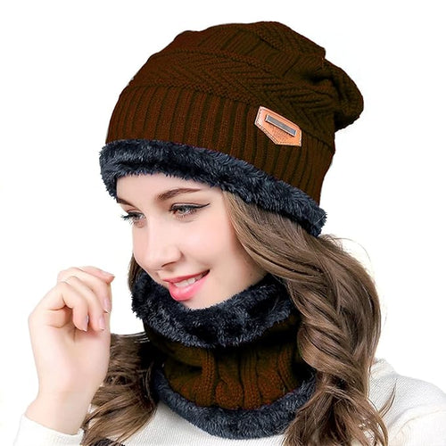 (Brown) Beanie Wool Cap With Neck Warmer. Full Set-2 Pieces #151