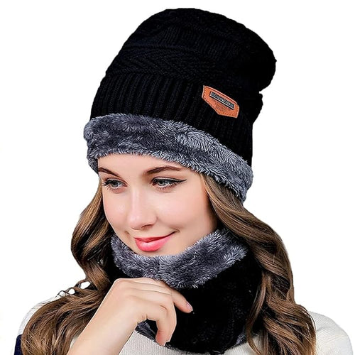 (Black) Beanie Wool Cap With Neck Warmer. Full Set-2 Pieces #151