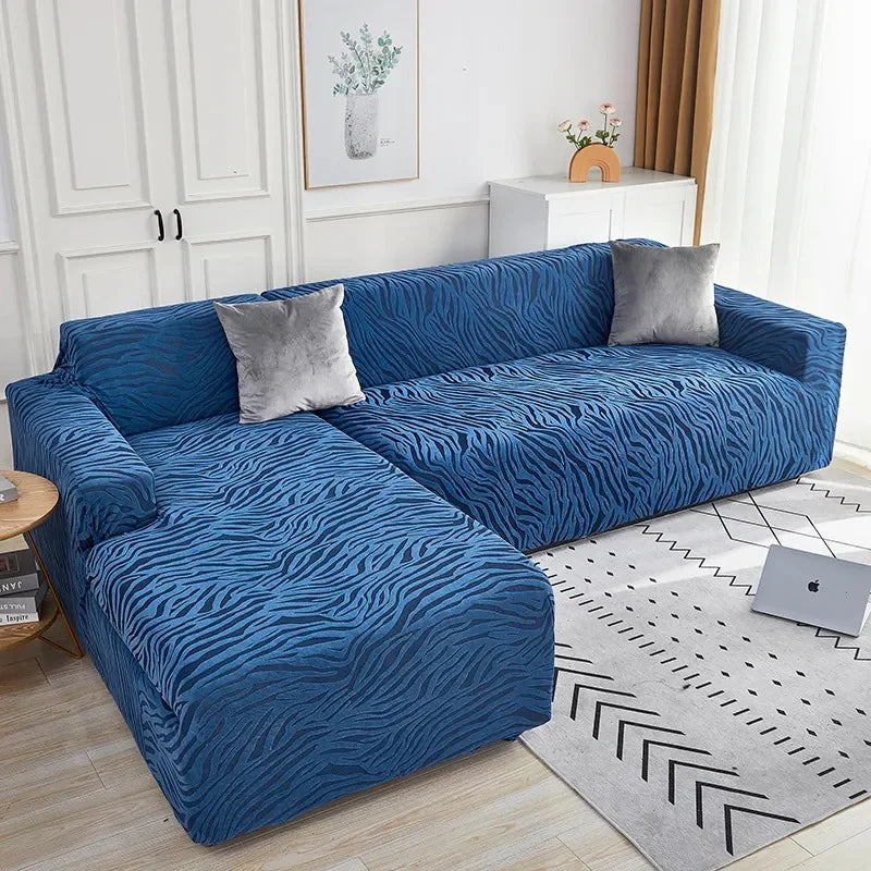 L Shape Zebra Velvet Sofa Covers - Fitted Style (Blue)