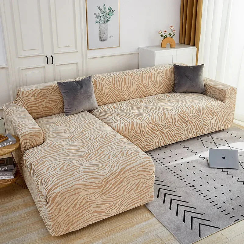 L Shape Zebra Velvet Sofa Covers - Fitted Style ( Beige)