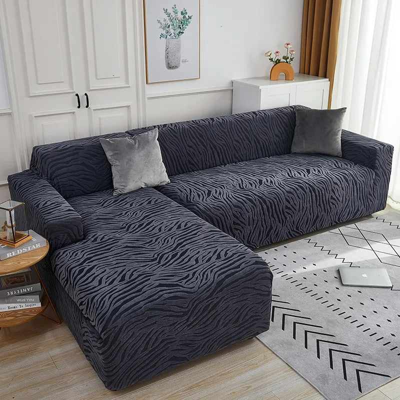 L Shape Zebra Velvet Sofa Covers - Fitted Style (Grey)