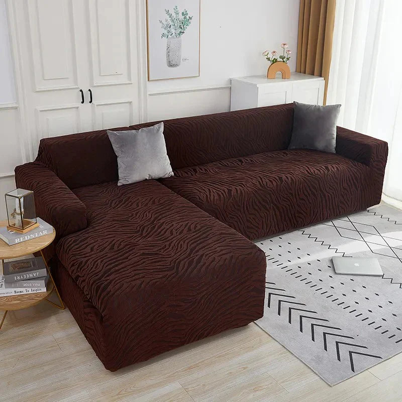L Shape Zebra Velvet Sofa Covers - Fitted Style ( Brown)