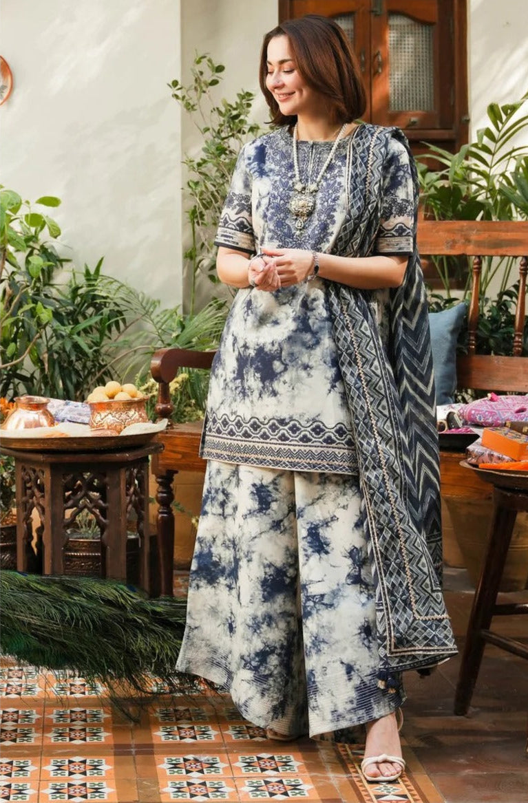 3Pc Print Lawn With Embroidered Patches