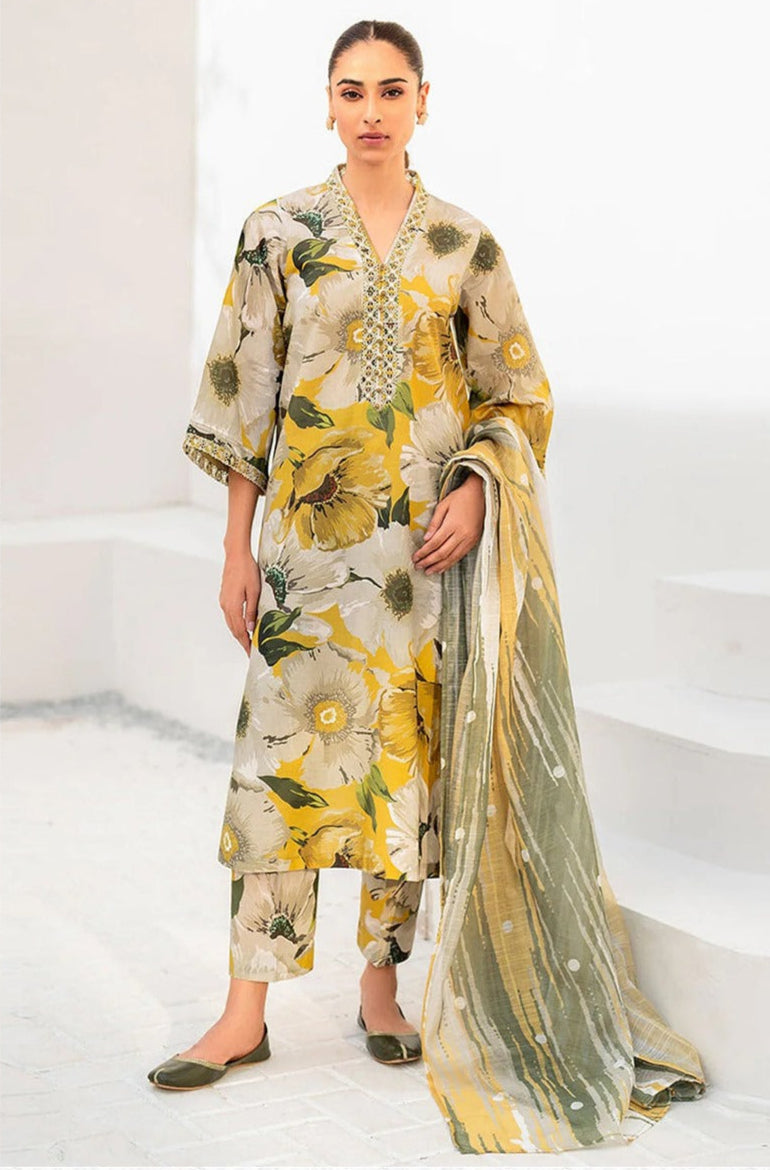 3Pc Print Lawn With Embroidered Patches